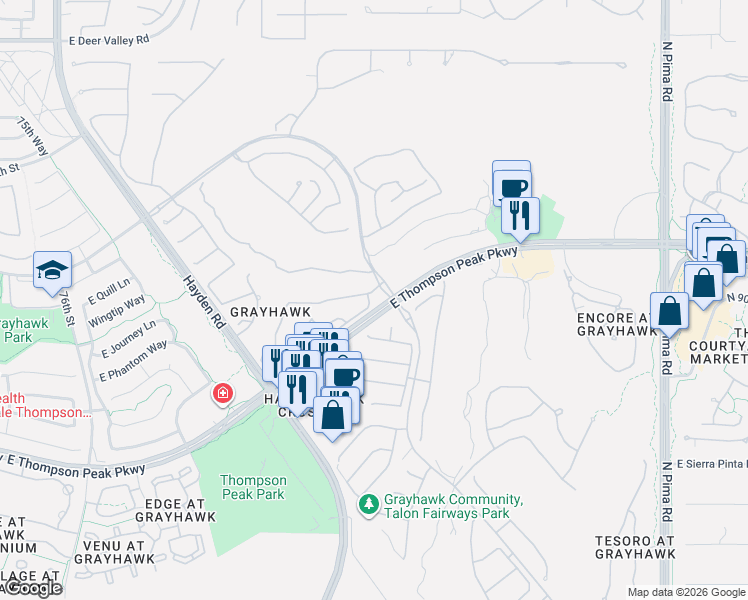 map of restaurants, bars, coffee shops, grocery stores, and more near 20802 North Grayhawk Drive in Scottsdale