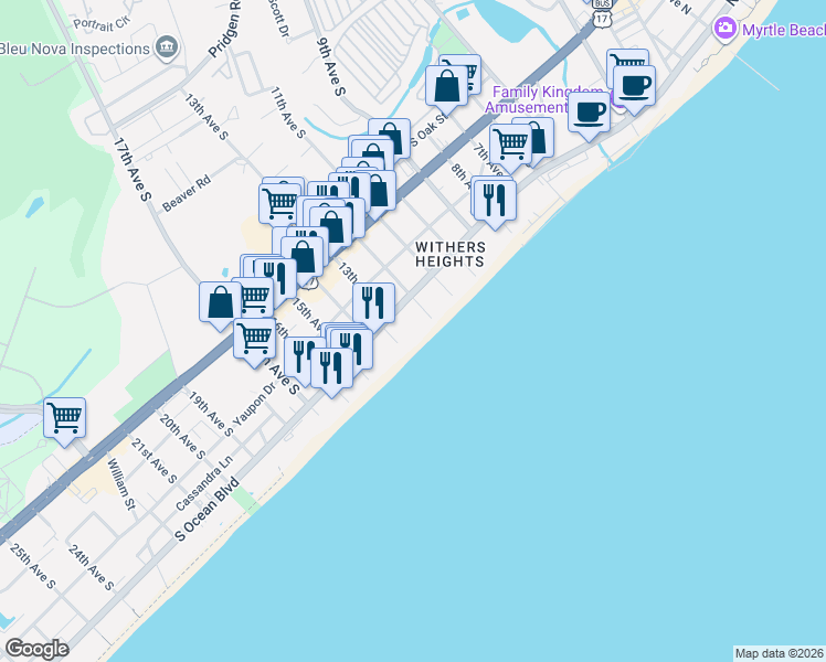 map of restaurants, bars, coffee shops, grocery stores, and more near 1301 South Ocean Boulevard in Myrtle Beach