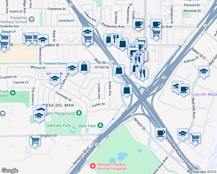 map of restaurants, bars, coffee shops, grocery stores, and more near 2821 Drake Avenue in Costa Mesa