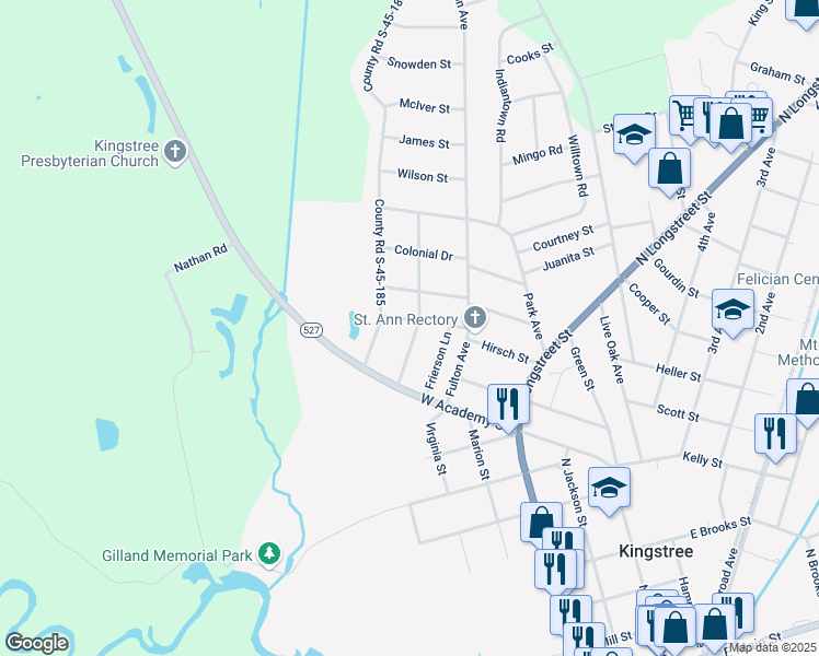 map of restaurants, bars, coffee shops, grocery stores, and more near 719 Highland Drive in Kingstree