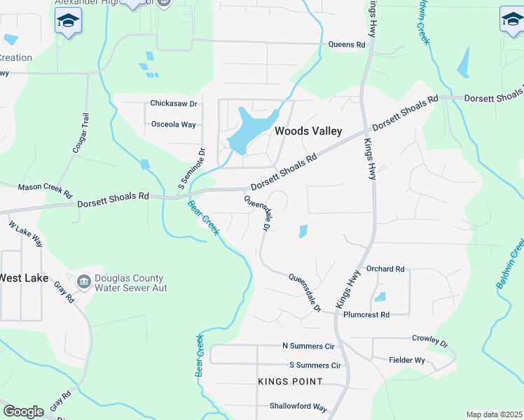 map of restaurants, bars, coffee shops, grocery stores, and more near 6395 Queensdale Drive in Douglasville