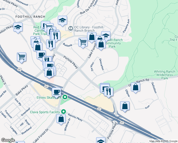 map of restaurants, bars, coffee shops, grocery stores, and more near 19701 Da Vinci in Foothill Ranch