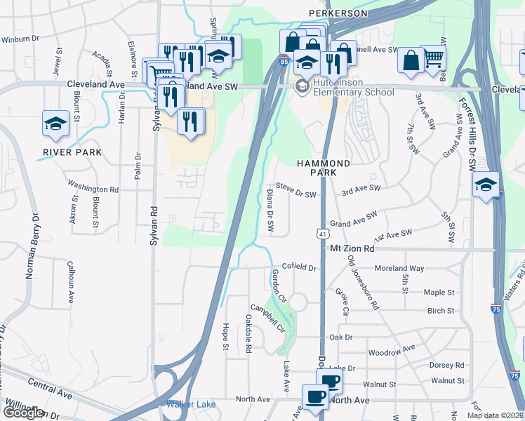 map of restaurants, bars, coffee shops, grocery stores, and more near 2925 Diana Drive Southwest in Atlanta