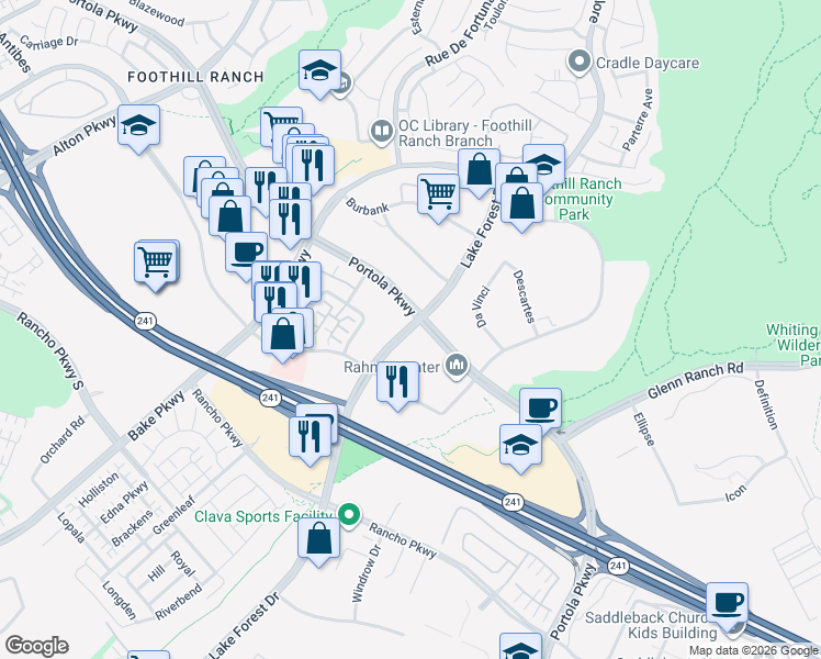 map of restaurants, bars, coffee shops, grocery stores, and more near 20025 Lake Forest Dr in Lake Forest