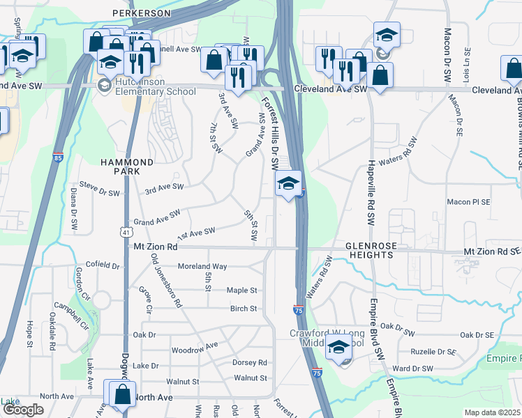 map of restaurants, bars, coffee shops, grocery stores, and more near 2920 1st Avenue Southwest in Atlanta