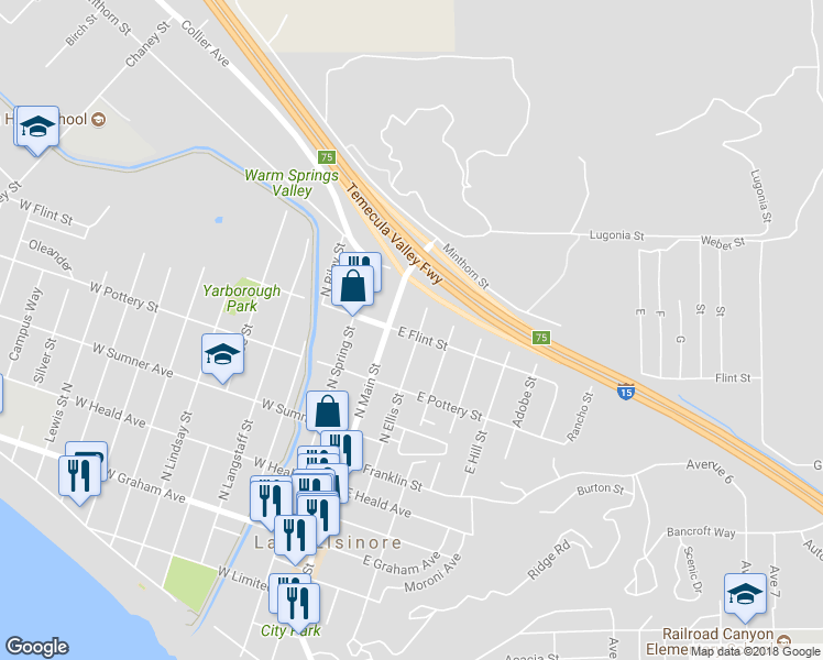 map of restaurants, bars, coffee shops, grocery stores, and more near 501 North Ellis Street in Lake Elsinore