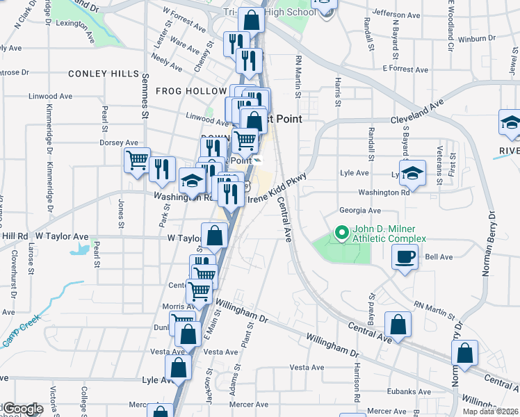map of restaurants, bars, coffee shops, grocery stores, and more near 1567 East Hamilton Avenue in East Point