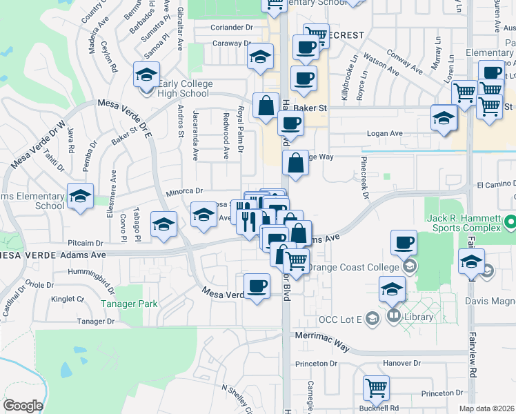 map of restaurants, bars, coffee shops, grocery stores, and more near 1537 Ponderosa Street in Costa Mesa