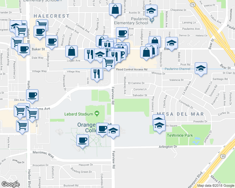 map of restaurants, bars, coffee shops, grocery stores, and more near 2850 Fairview Road in Costa Mesa