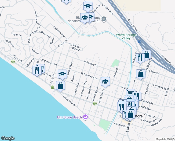 map of restaurants, bars, coffee shops, grocery stores, and more near 307 Scrivener Street North in Lake Elsinore