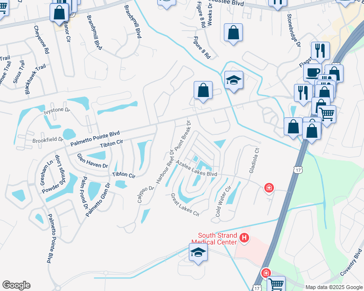 map of restaurants, bars, coffee shops, grocery stores, and more near 141 Point Break Drive in Myrtle Beach