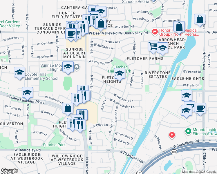 map of restaurants, bars, coffee shops, grocery stores, and more near 8183 West Deanna Drive in Peoria