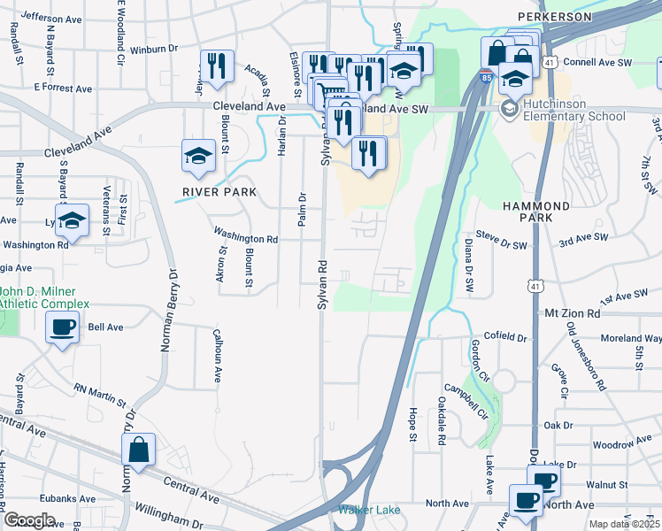 map of restaurants, bars, coffee shops, grocery stores, and more near 2936 Sylvan Road in East Point