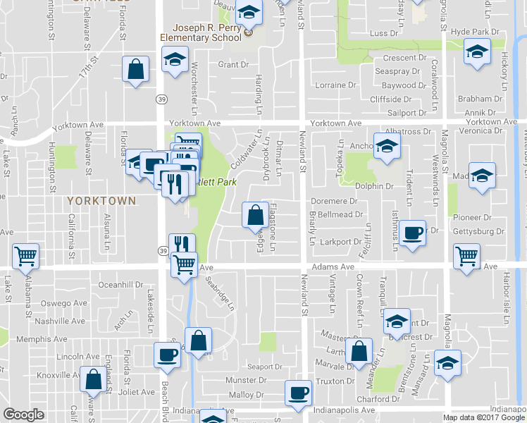 map of restaurants, bars, coffee shops, grocery stores, and more near 19792 Edgewood Lane in Huntington Beach