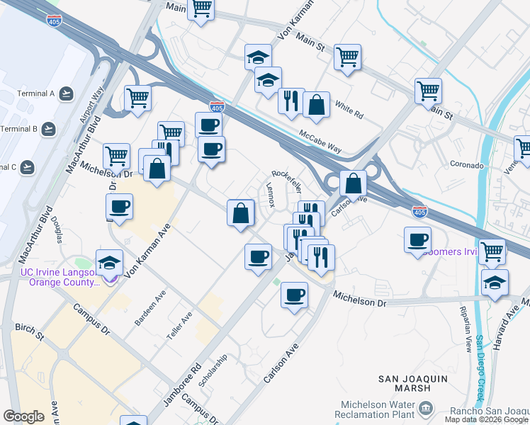 map of restaurants, bars, coffee shops, grocery stores, and more near 812 Rockefeller in Irvine
