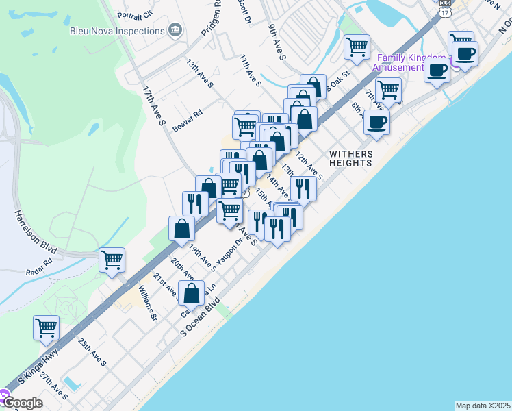 map of restaurants, bars, coffee shops, grocery stores, and more near 404G 16th Avenue South in Myrtle Beach