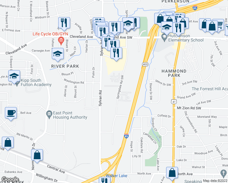 map of restaurants, bars, coffee shops, grocery stores, and more near 2939 Springdale Road Southwest in Atlanta