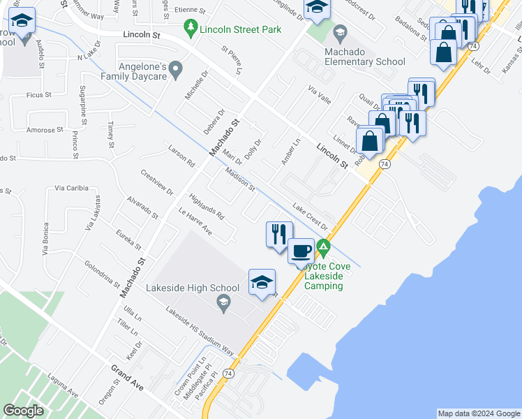 map of restaurants, bars, coffee shops, grocery stores, and more near 1117 Mckinley Street in Lake Elsinore