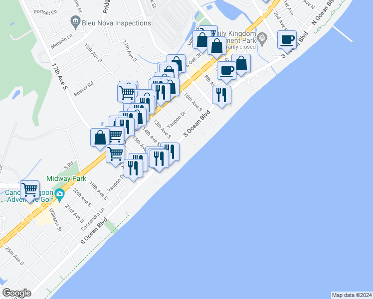 map of restaurants, bars, coffee shops, grocery stores, and more near 1301 South Ocean Boulevard in Myrtle Beach