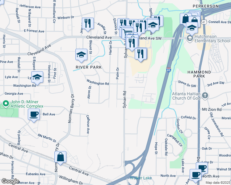 map of restaurants, bars, coffee shops, grocery stores, and more near 2931 Palm Drive in East Point