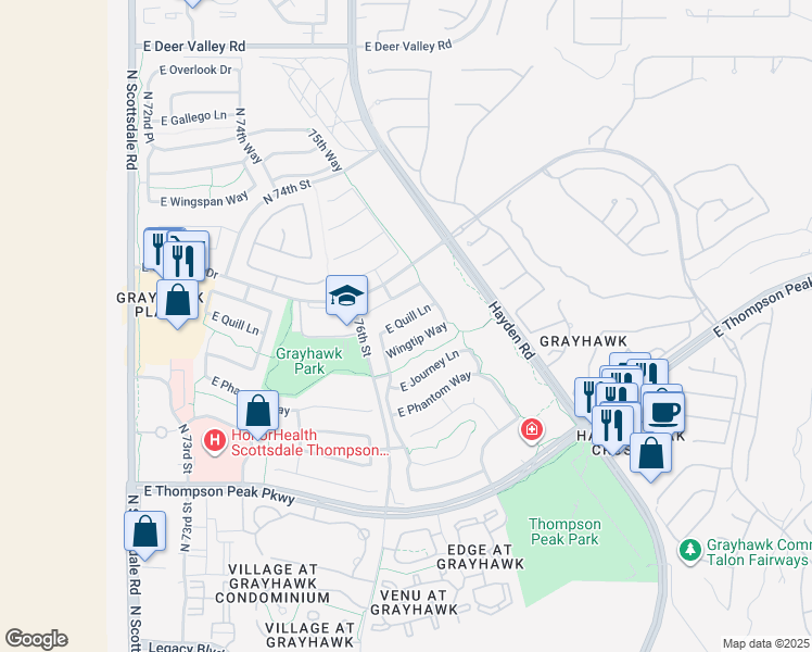 map of restaurants, bars, coffee shops, grocery stores, and more near 7673 East Quill Lane in Scottsdale