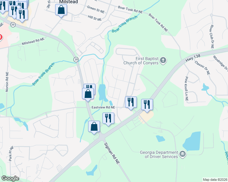 map of restaurants, bars, coffee shops, grocery stores, and more near 1911 Bridgestone Circle in Conyers