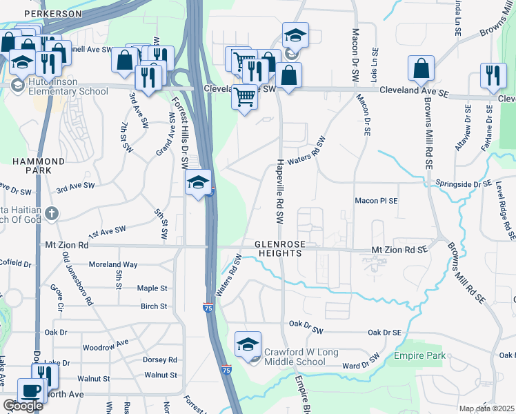map of restaurants, bars, coffee shops, grocery stores, and more near 2934 Waters Road Southwest in Atlanta