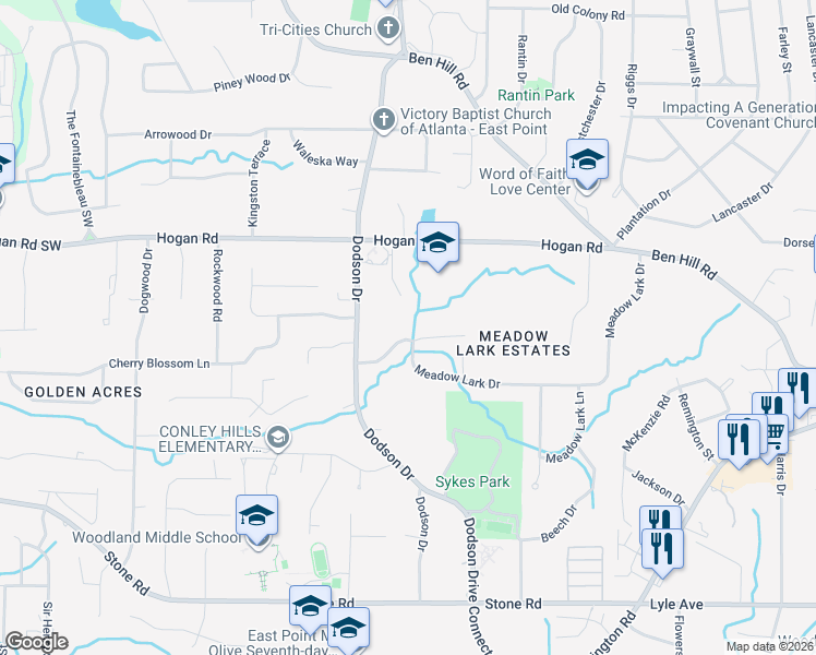 map of restaurants, bars, coffee shops, grocery stores, and more near 2647 Rolling Brook Trail in East Point