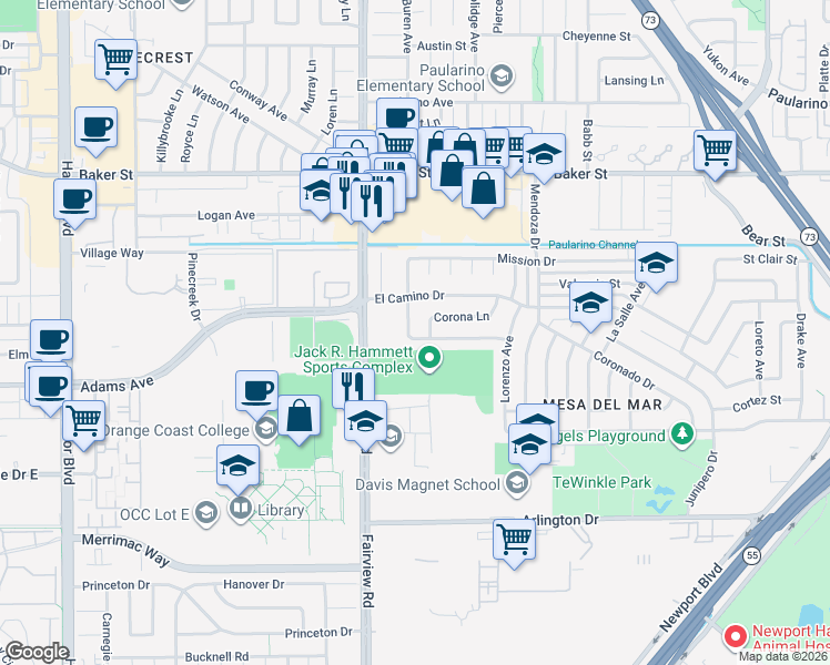 map of restaurants, bars, coffee shops, grocery stores, and more near 2822 Monterey Avenue in Costa Mesa