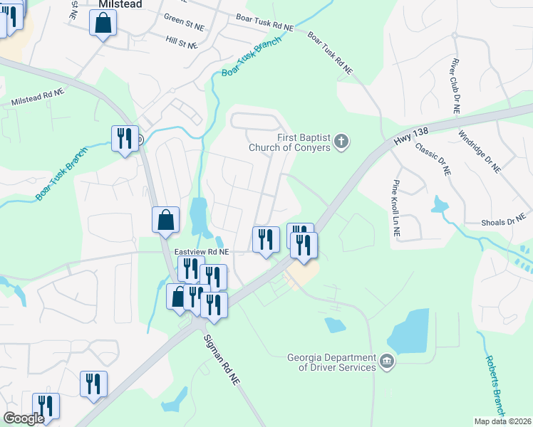 map of restaurants, bars, coffee shops, grocery stores, and more near 1913 Bridgestone Circle in Conyers