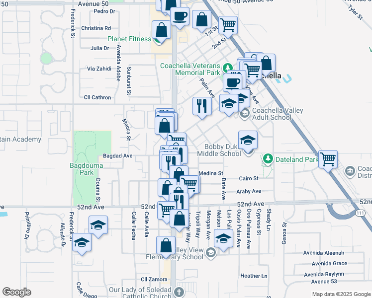 map of restaurants, bars, coffee shops, grocery stores, and more near in Coachella