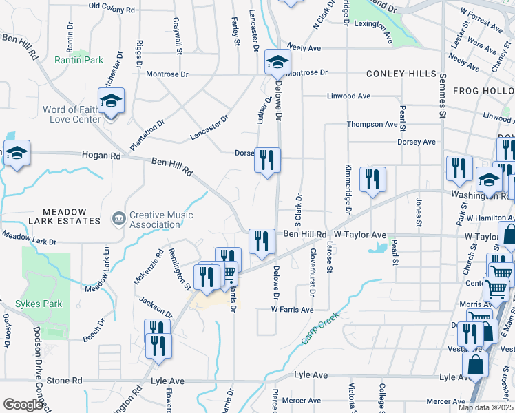 map of restaurants, bars, coffee shops, grocery stores, and more near 2950 Laurel Lane in East Point