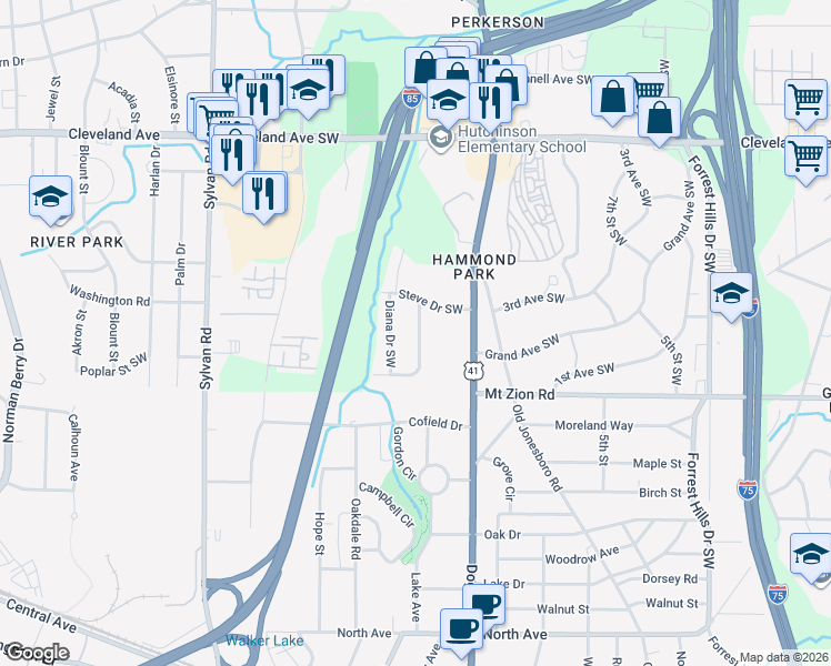 map of restaurants, bars, coffee shops, grocery stores, and more near 2933 Wanda Circle Southwest in Atlanta