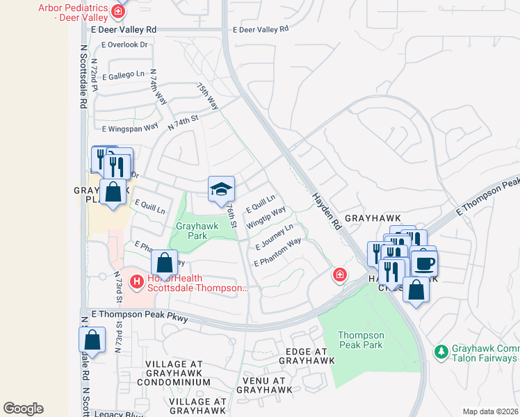 map of restaurants, bars, coffee shops, grocery stores, and more near 7673 East Quill Lane in Scottsdale