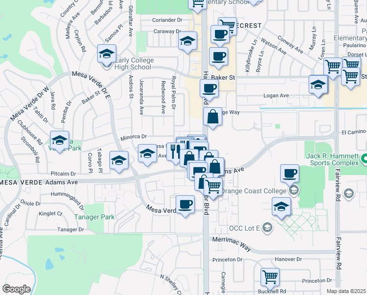 map of restaurants, bars, coffee shops, grocery stores, and more near 1537 Ponderosa Street in Costa Mesa