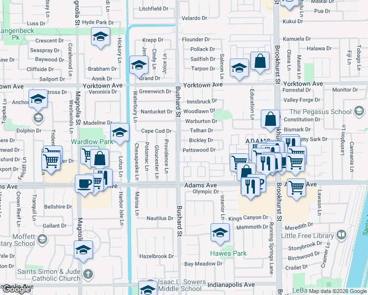 map of restaurants, bars, coffee shops, grocery stores, and more near 9565 Pettswood Drive in Huntington Beach