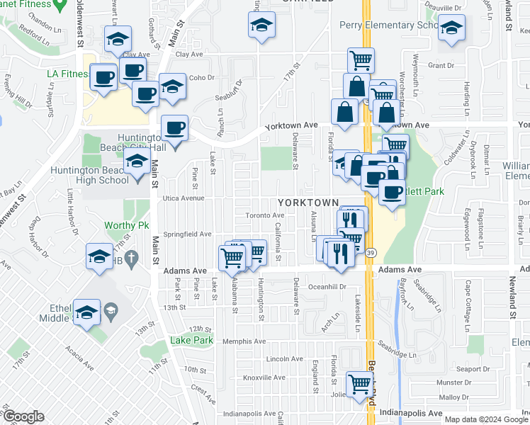 map of restaurants, bars, coffee shops, grocery stores, and more near 2001 California Street in Huntington Beach