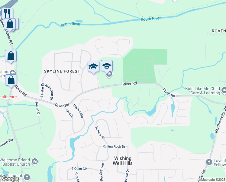 map of restaurants, bars, coffee shops, grocery stores, and more near 2385 River Road in Ellenwood