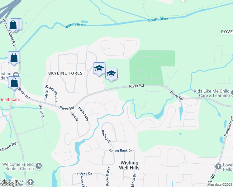 map of restaurants, bars, coffee shops, grocery stores, and more near 2373 River Road in Ellenwood