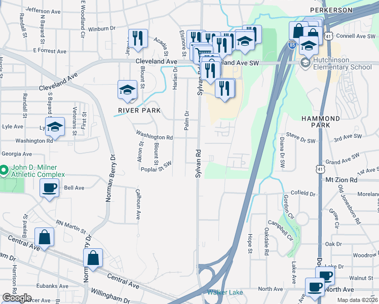 map of restaurants, bars, coffee shops, grocery stores, and more near 2931 Palm Drive in East Point