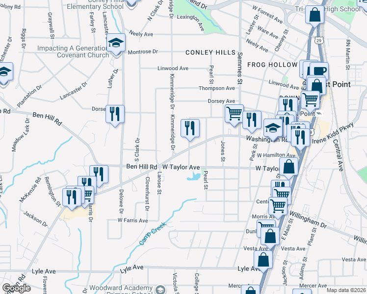 map of restaurants, bars, coffee shops, grocery stores, and more near 2942 Kimmeridge Drive in East Point