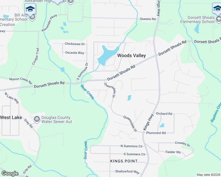 map of restaurants, bars, coffee shops, grocery stores, and more near 6405 Queensdale Drive in Douglasville
