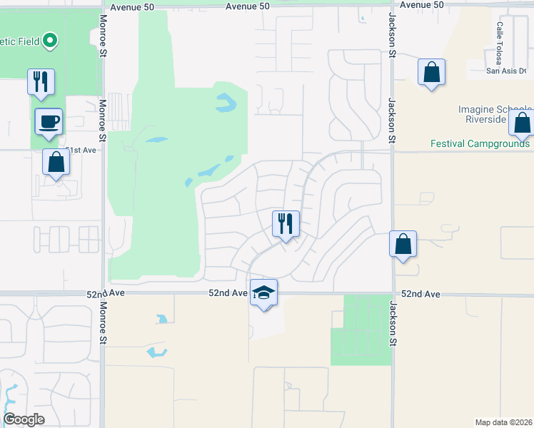 map of restaurants, bars, coffee shops, grocery stores, and more near 82555 Round Valley Drive in Indio