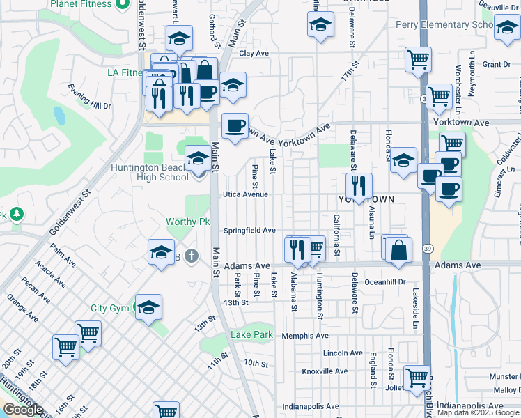 map of restaurants, bars, coffee shops, grocery stores, and more near 1830 Pine Street in Huntington Beach