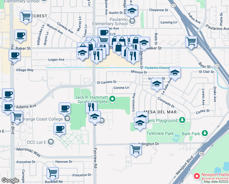 map of restaurants, bars, coffee shops, grocery stores, and more near 1120 Salvador Street in Costa Mesa