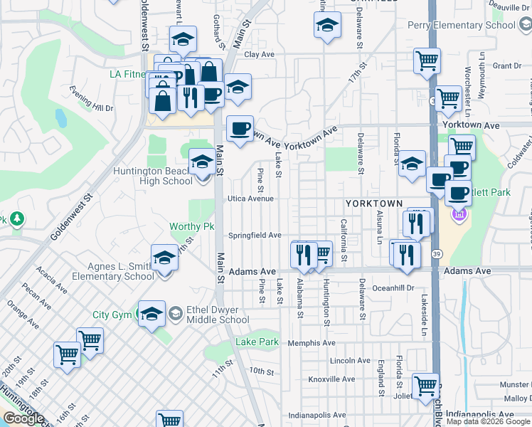 map of restaurants, bars, coffee shops, grocery stores, and more near 1830 Pine Street in Huntington Beach