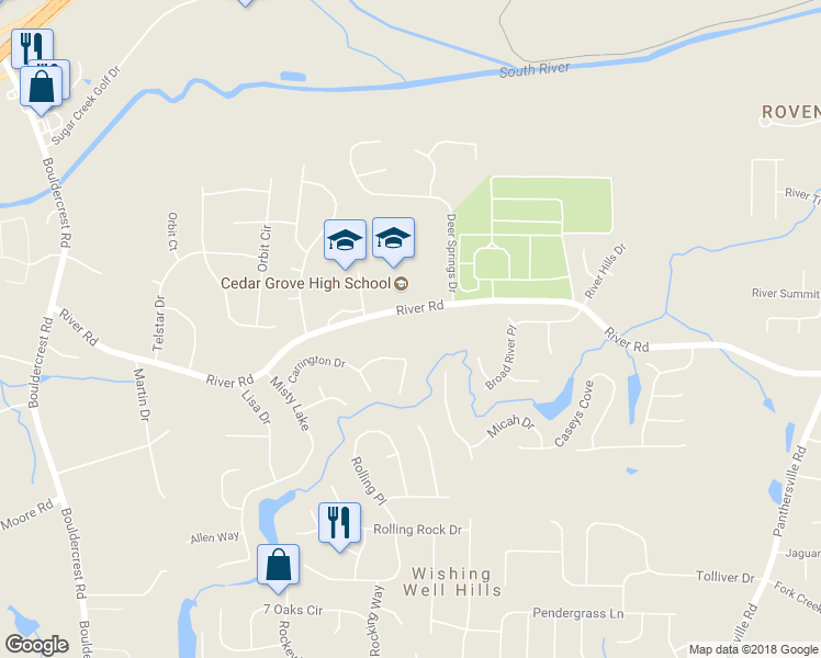 map of restaurants, bars, coffee shops, grocery stores, and more near 2385 River Road in Ellenwood
