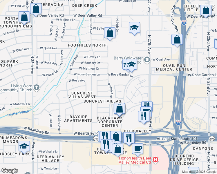 map of restaurants, bars, coffee shops, grocery stores, and more near 3001 West Monona Drive in Phoenix