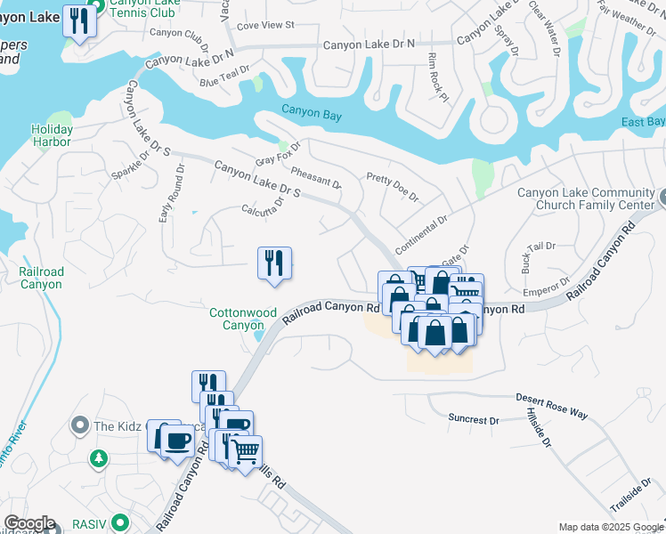 map of restaurants, bars, coffee shops, grocery stores, and more near 30701 Burning Tree Drive in Canyon Lake