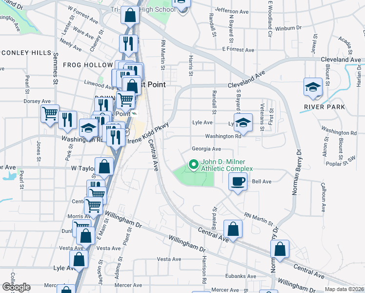 map of restaurants, bars, coffee shops, grocery stores, and more near 2958 Holcomb Court in East Point